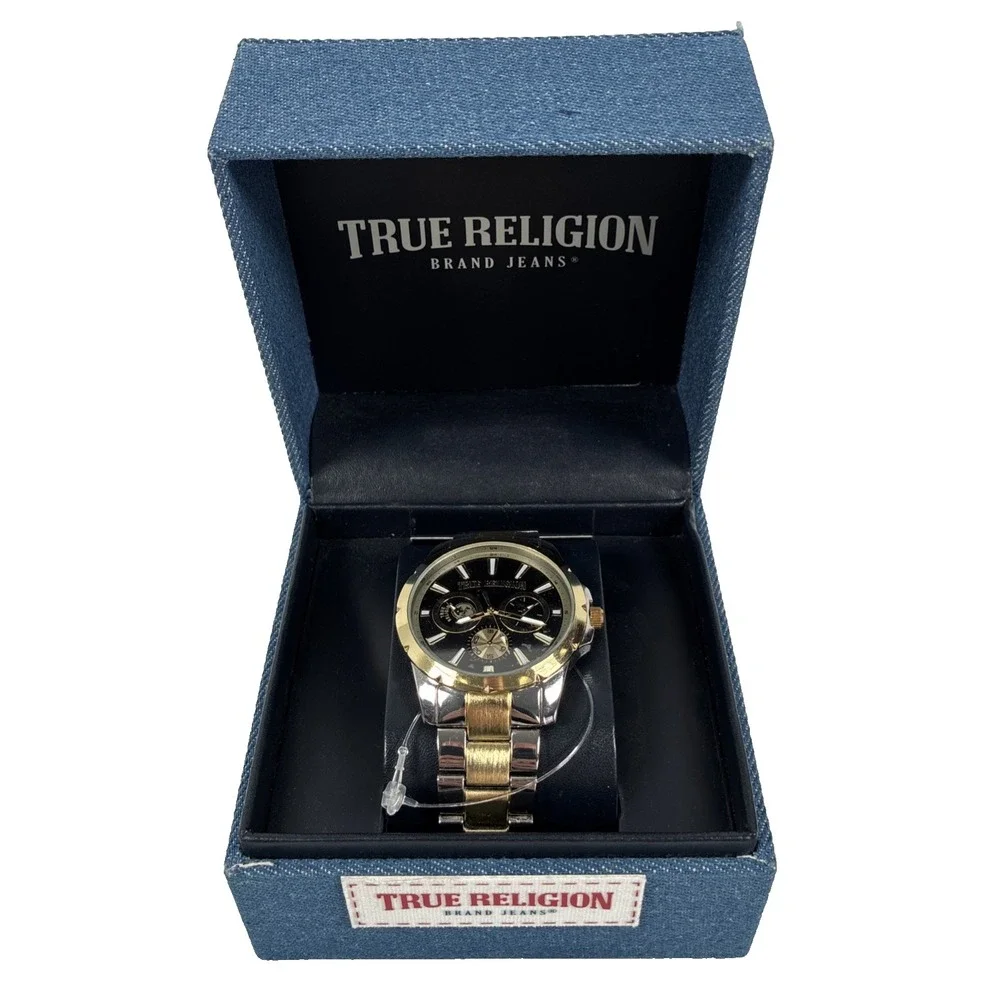 True Religion Men's Quartz Chronograph Watch Black Dial Two-Tone Bracelet Box